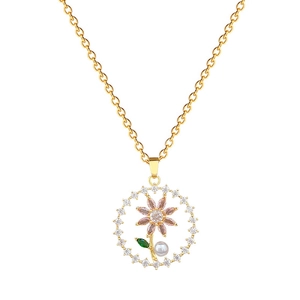 Elegant gold flower necklace with pink crystals, green leaf gem and a white pearl drop