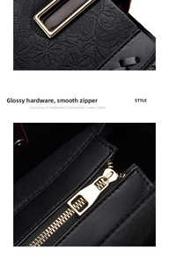 Detail of embossed floral leather texture and glossy golden zipper on black shoulder bag