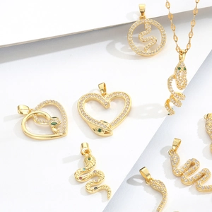 Vintage 18K gold plated snake pendant necklace with shimmering zircon and colored gems