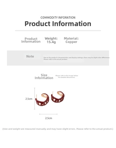 Detail view of C-shaped hollow chain earrings in dark red finish, copper material