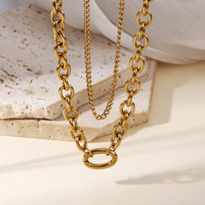 Minimalist double layer 18K gold plated stainless steel necklace with oval link buckle