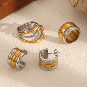 Two-tone silver and gold stainless steel ring and earrings set with minimalist layered lines