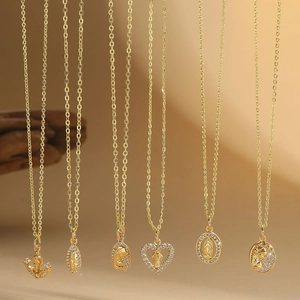 Vintage Copper Zirconia Virgin Mary Pendant Necklace Gold Plated Religious Heart Anchor Clavicle Chain Jewelry For Women