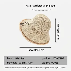 Sombrero de paja de ala ancha con bordes deshilachados para vacaciones en la playa y sol de verano