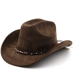 Western Cowboy Hat Retro Suede Wide Brim Jazz Fedora With Ethnic Beaded Braided Band For Outdoor Travel Men Women