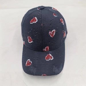 Distressed dark blue cotton baseball cap with red heart patterns for casual outdoor wear