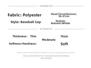 Detailed size chart for corduroy baseball cap with 56-61cm circumference and fabric specs