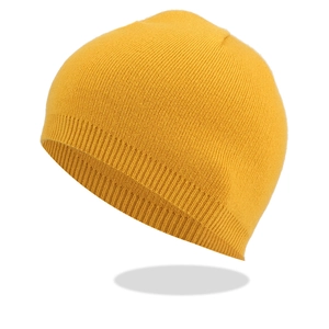 Detailed view of ginger yellow knit beanie showing fine ribbing texture and warm fabric