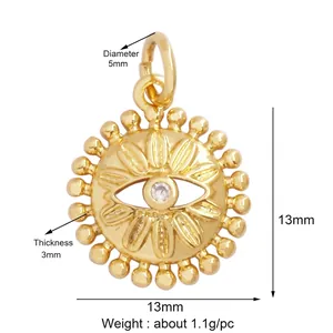 Detailed macro view of an Evil Eye sunburst pendant with 13mm size and weight dimensions