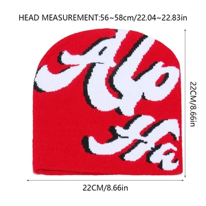 Detailed size measurement of the red knit beanie with white decorative letter jacquard