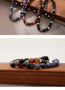 Close-up of beaded bracelets with lapis lazuli, agate beads and adjustable braided cord