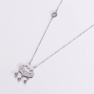 Polished stainless steel long life lock necklace with white zircon pavé and coin charm