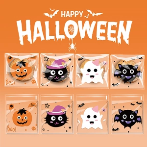 Halloween self-adhesive treat bags featuring pumpkin, ghost, and bat cartoon designs