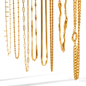 Detailed collection of gold plated stainless steel necklaces in various chain styles