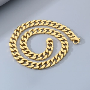 Top view of coiled 15mm gold flat Cuban link chain made of durable titanium steel