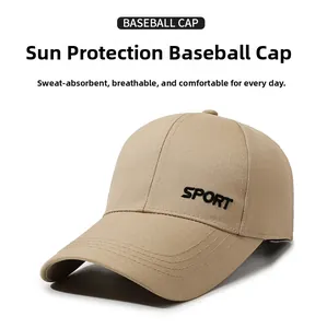 Detail of khaki cotton baseball cap with black SPORT embroidery and breathable vents