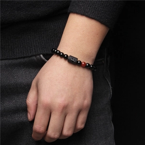 Aries zodiac natural stone bead bracelet for men with red accent bead on wrist