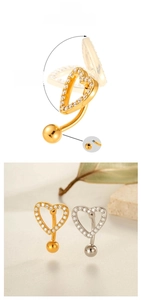 Rotatable heart belly ring with white zircon micro-inlay in gold and silver finish