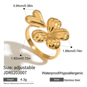 Detail view of adjustable gold flower ring with dimensions and waterproof features