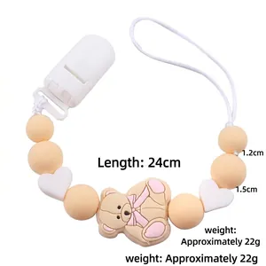 Cartoon bear silicone pacifier clip and teething chain with pink beads for baby