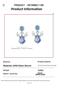Detail of S999 silver reindeer earrings with blue zircon stones and product dimensions