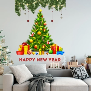 Christmas tree and gift wall decals display in a cozy living room festive decoration