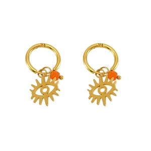 Detail of gold evil eye earrings featuring hollow design and small orange bead accents