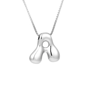 Macro shot of silver bubble letter A pendant with glossy metallic texture on box chain