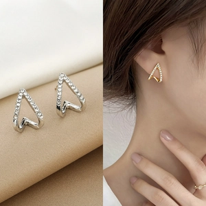 Minimalist V-shaped geometric stud earrings with rhinestones in gold and silver finishes