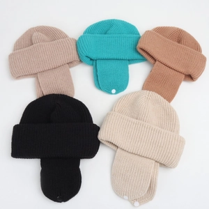 Kids Knitted Earflap Hat Acrylic Warm Winter Beanie With Buttons Ribbed Solid Color For Boys Girls