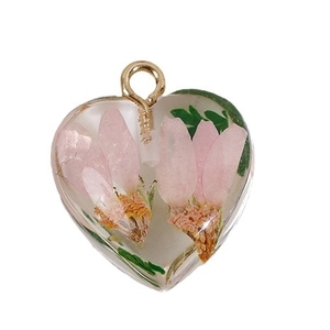 Pink dried flower heart resin pendant with green leaves and gold ring for DIY jewelry