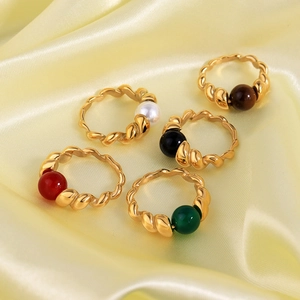 Vintage 18K gold plated croissant rings with colorful natural stones and pearls