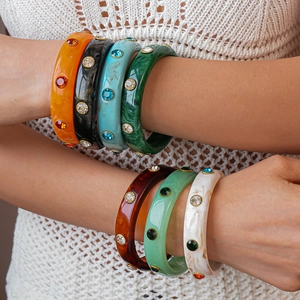 Retro Wide Bangle Bracelet Acrylic Resin Marble Texture Geometric Colorful Rhinestone Studded Luxury Jewelry For Women