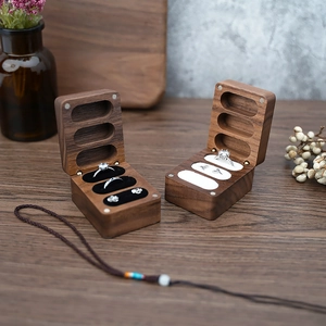 Black walnut wood wedding ring box with three slots and magnetic closure for jewelry