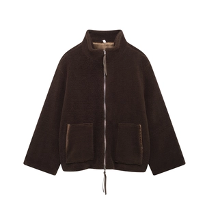 Women's dark brown teddy fleece jacket with stand collar and zipper closure