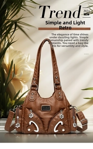 Close-up of vintage dark brown faux leather bag with floral silver zipper charms