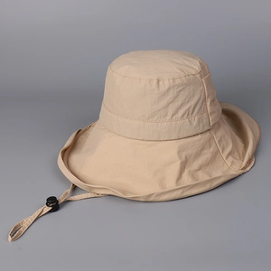 Khaki wide-brim sun hat with adjustable chin strap for outdoor activities and sun protection