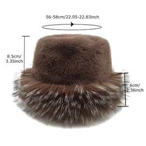 Faux mink fur bucket hat in dark brown with measurements for 56-58cm head circumference