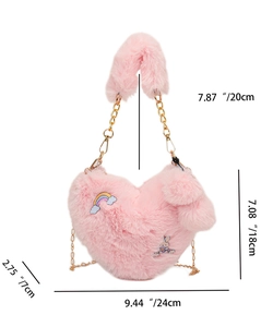 Pink heart-shaped plush bag featuring rainbow embroidery and 24cm size specifications