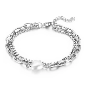 Double-layered silver stainless steel bracelet with a heart pendant and white beads