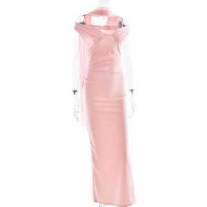 Detail of pink strapless bodycon maxi dress with matching scarf on clear mannequin