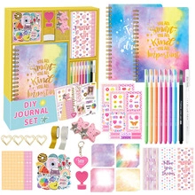 Detailed DIY journal set with spiral notebook, markers, and stickers in pastel colors