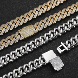 12mm gold and silver iced out Cuban link chains with double row cubic zirconia crystals