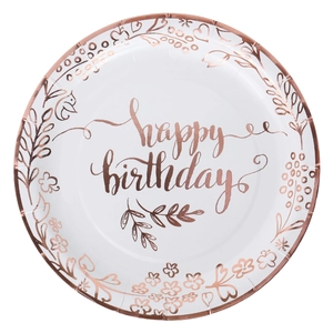 Rose gold Happy Birthday paper plates with floral patterns for girl party decorations