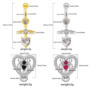 Surgical steel heart navel rings with wing tassels and spider designs in gold and silver