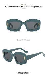 Detailed view of green Y2K square thick frame sunglasses with gold temple accents