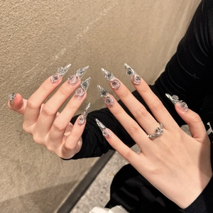 Luxury 3D silver rose stiletto press-on nails with metallic vine art for women