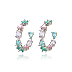 Silver C-hoop earrings featuring colorful drop and square zircon stones in three-tone finish