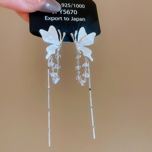 Detailed shot of 925 silver butterfly earrings with sparkling crystal tassels