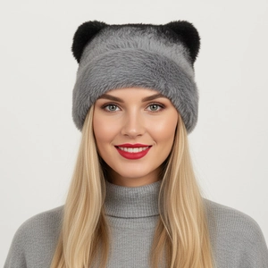 Gradient grey faux fur knit beanie with cute black cat ears for winter warmth